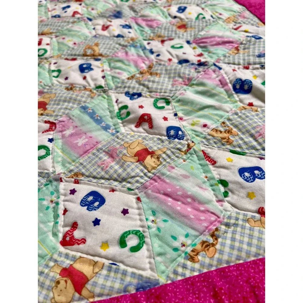 Handmade Winnie the Pooh Tigger Patchwork Baby Quilt Pink Alphabet 55x49 EUC